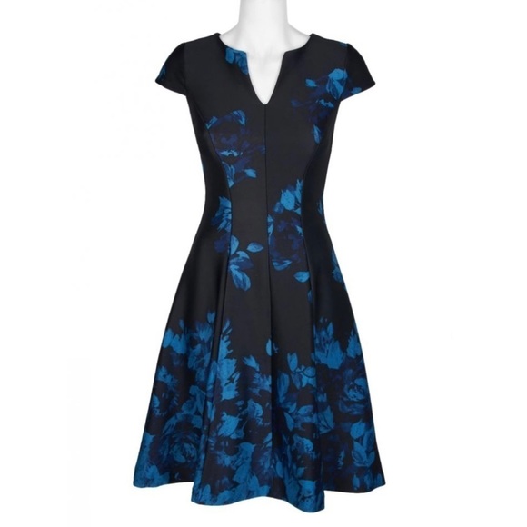 Julia Jordan V-Neck Cap Sleeve A-Line Fit & Flare Floral Print Scuba Dress 10 - Picture 2 of 12